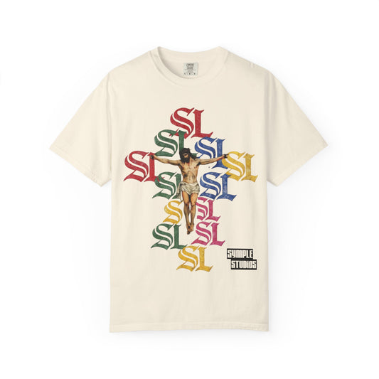 Graphic T-Shirt — Vintage Crucifix & Colorful Monogram Print